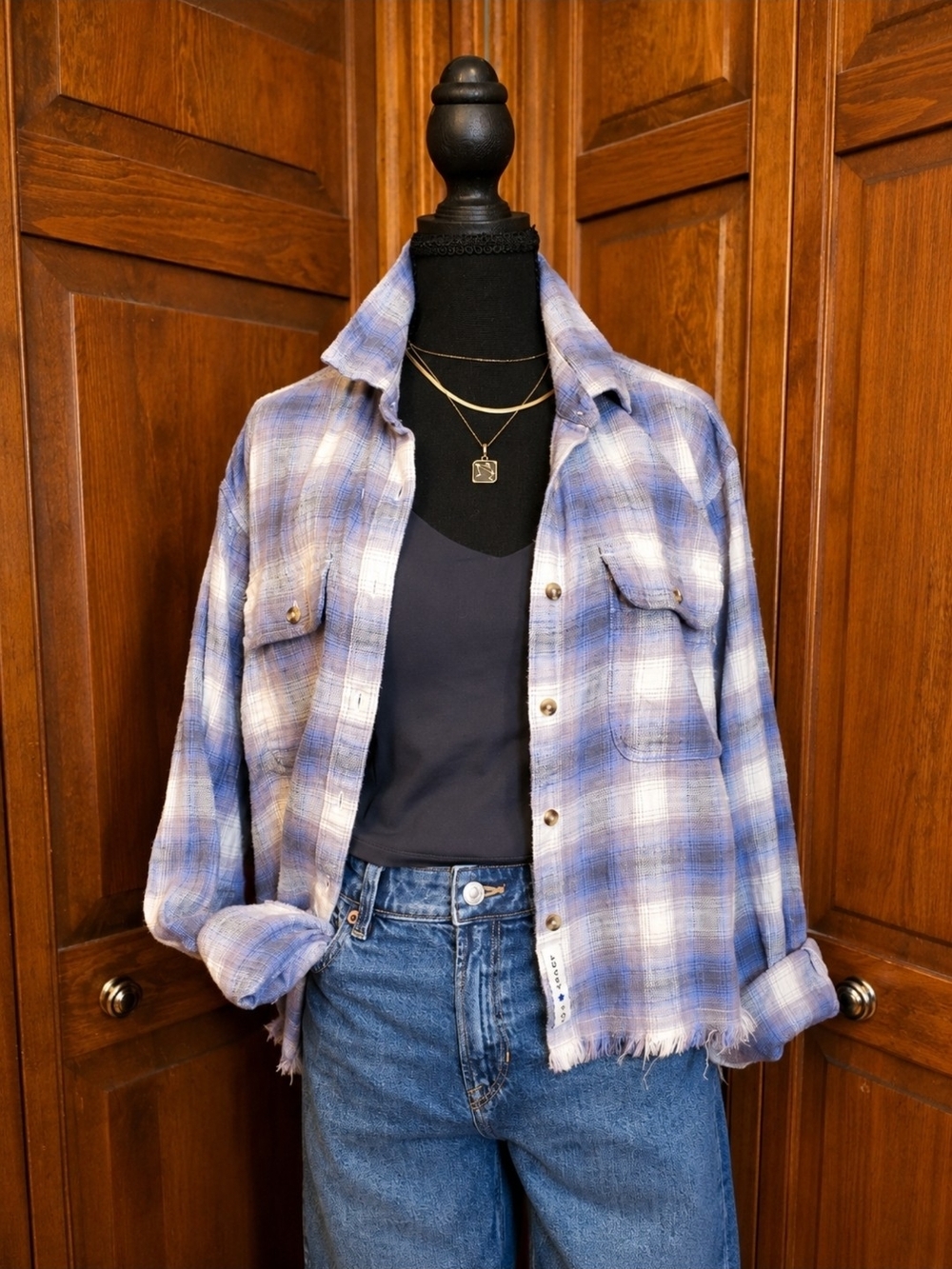 Lucky Brand Blue Plaid Shirt with Medium Wash Relaxed Jeans - Picture 2 of 5
